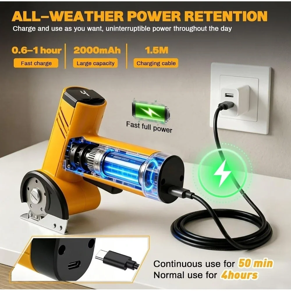 Cordless Electric Fabric Cutter 4.2V Rotary Scissors Multi-Purpose Tool Yellow